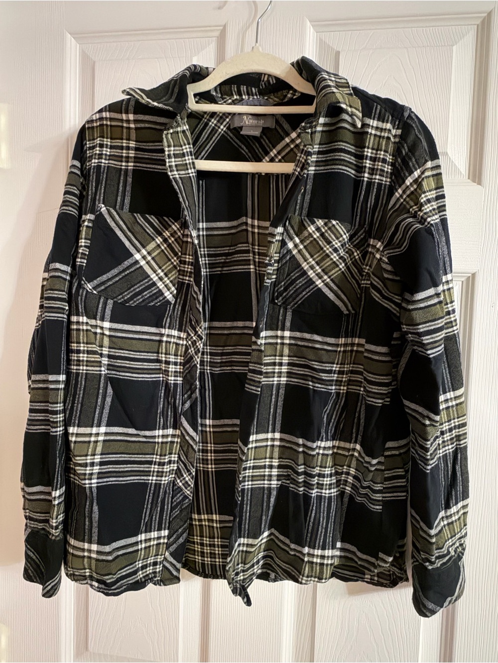 Natural Reflections Women’s Plaid Button-Up Shirt Black/White/Green Size S